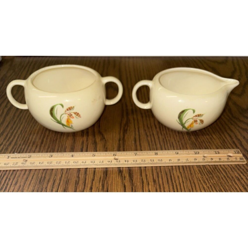Vintage Crooksville Sun Lure Orchid Tiger Lily Coffee Tea Creamer Sugar Bowl Set